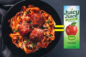 A bowl of spaghetti is on the left with Juicy Juice box on the right
