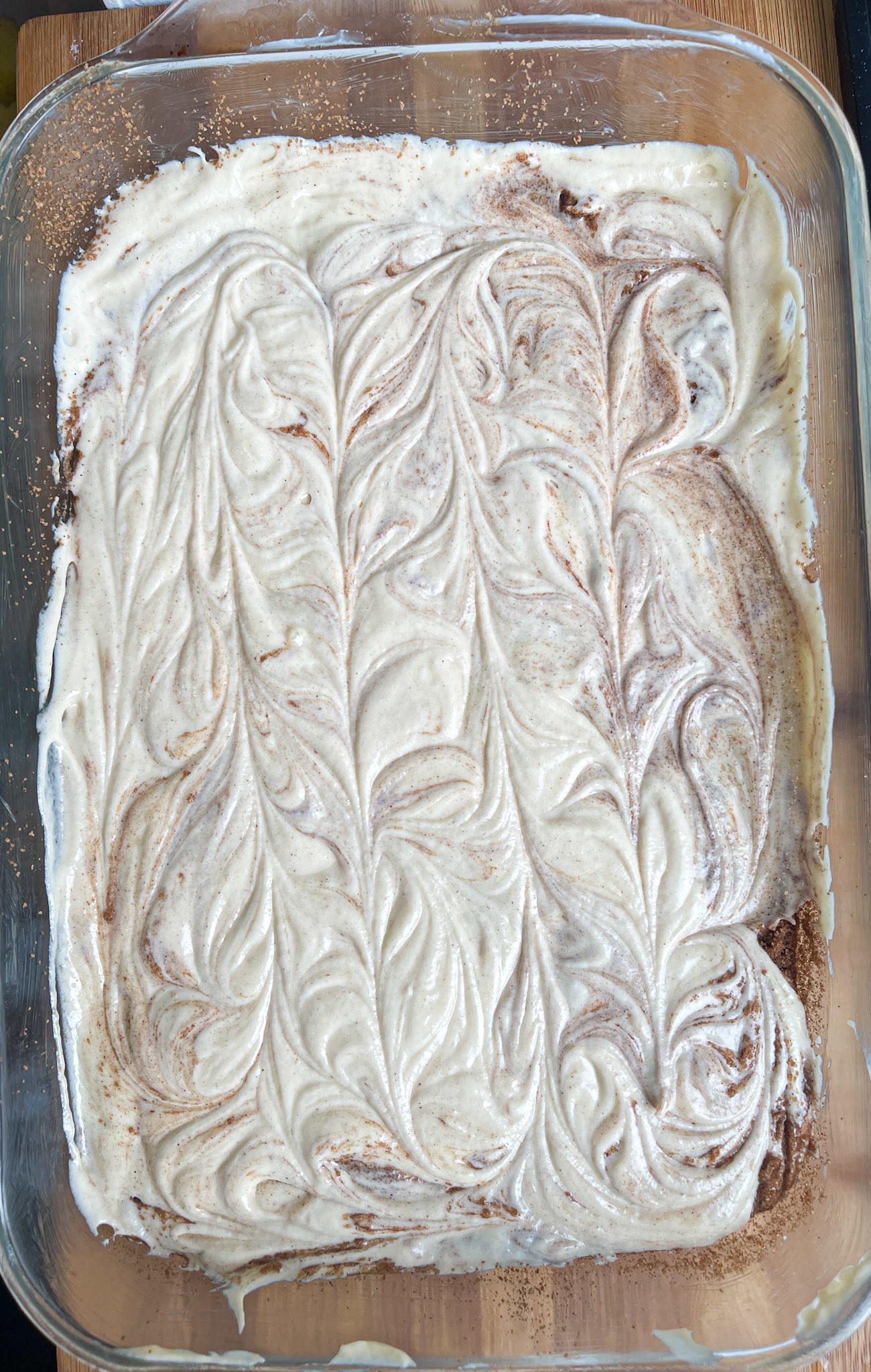 swirled top of cake batter before baking