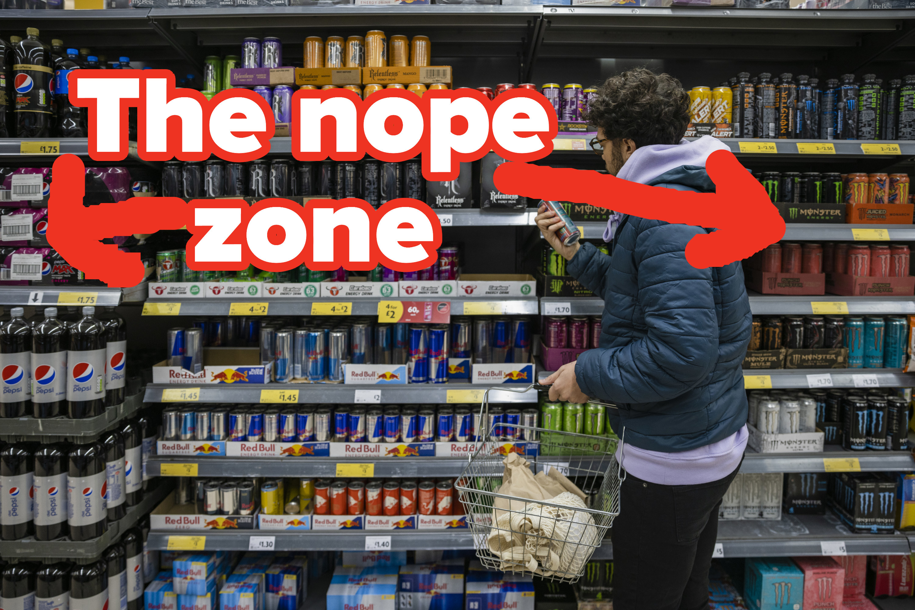 grocery shelf with text around a shopper&#x27;s eye level that says the nope zone