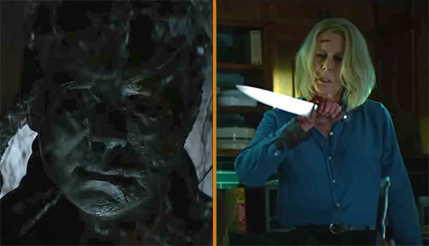 Michael Myers in the shadows, Laurie Strode with a butcher knife