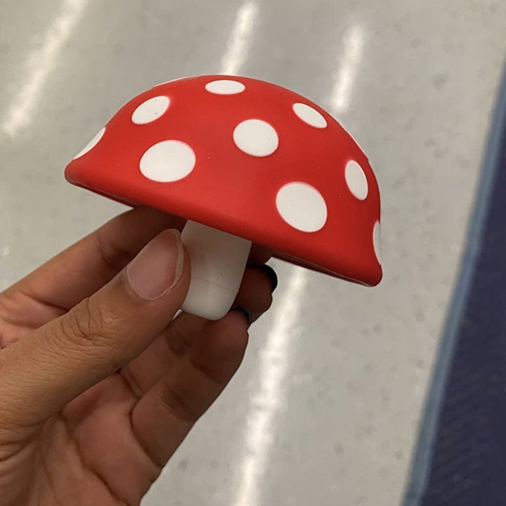 reviewer holding the mushroom