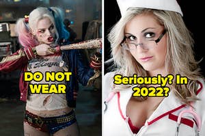 《敢死队》里的哈利·奎因写着“不要穿”，一个穿着性感护士装的女人写着“真的吗?”2022年?”