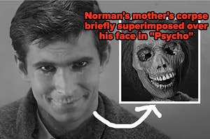 在《惊魂记》中，诺曼母亲的尸体短暂地叠加在他的脸上。