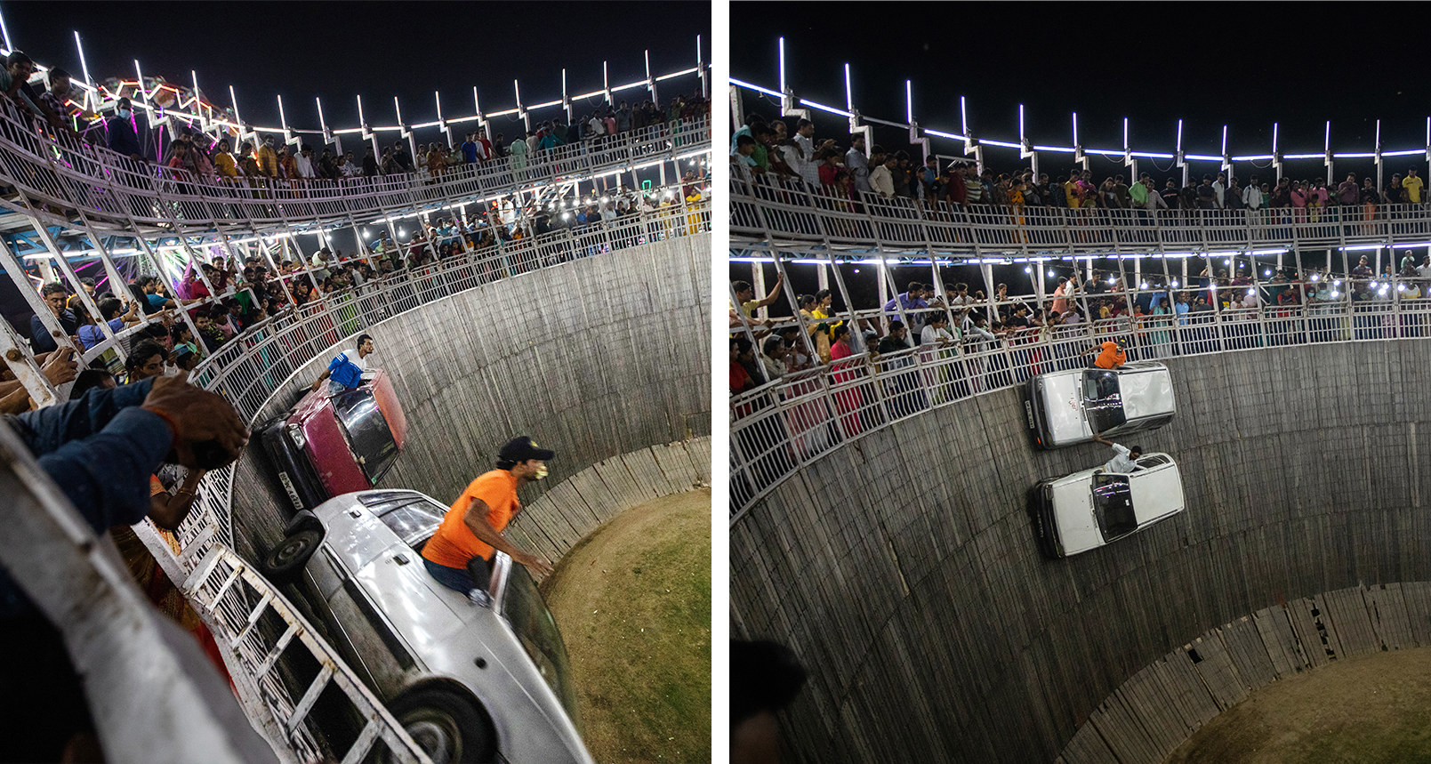 Two images of ben doing stunts in cars in a &quot;Well Of Death.&quot; They are taking tips from the crowd. The daredevils on the passenger sides are hanging out of the windows, sitting upright while the car is vertical to the ground.