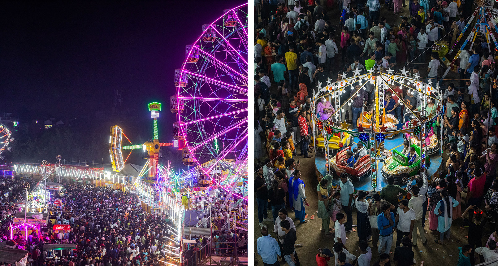 Two images of the carnival grounds in Nodia, New Delhi. The fairgrounds are full of rides with bright neon lights and it is packed with people. On the right is a photo of children riding a car themed ride.