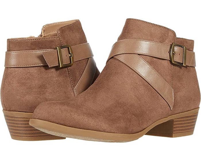 A pair of brown ankle booties
