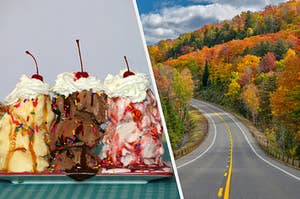 A Neapolitan ice cream sundae and a road surrounded by colorful trees