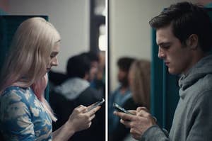 Jules and Nate text each other in the hallway