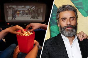 Two hands share popcorn at the movie theater and Oscar Isaac wears a dark suit