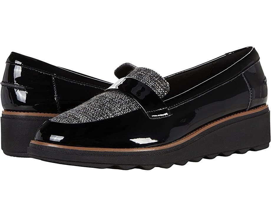 The black patent/combo slip-on loafers