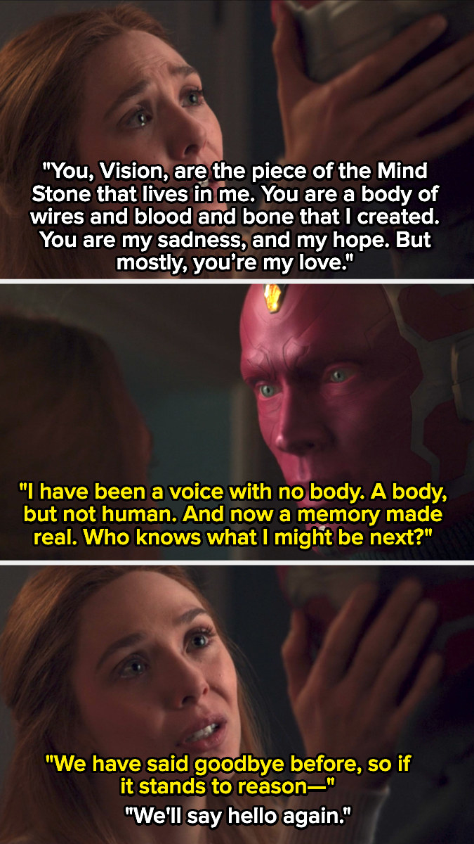 Wanda: Vision, you are the piece of the mind stone that live in me. you are a body of wires and blood and bone that I created. you are my sadness and my hope but mostly you&#x27;re my love.