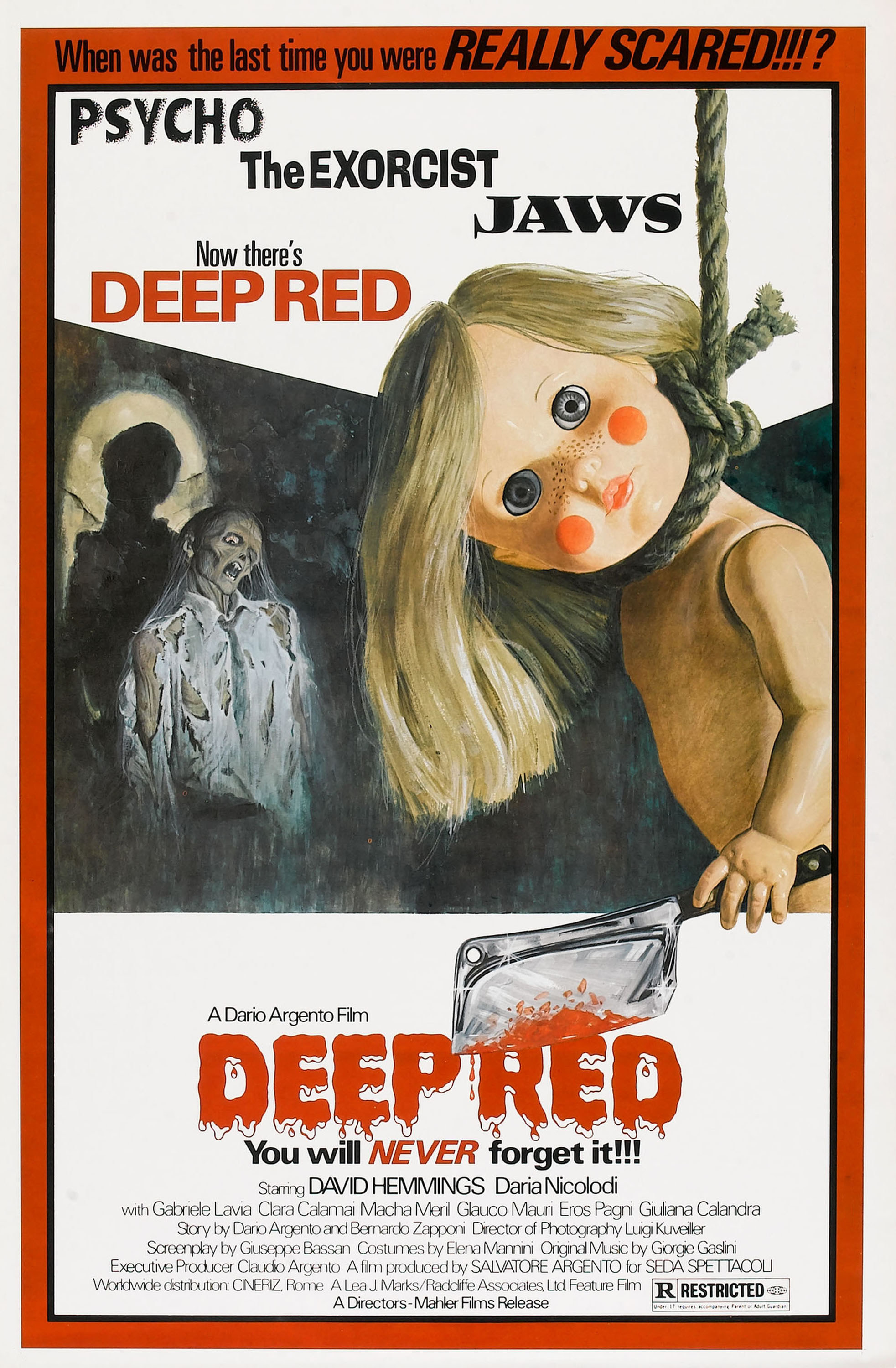 movie poster for Deep Red with a hanging doll holding a huge knife
