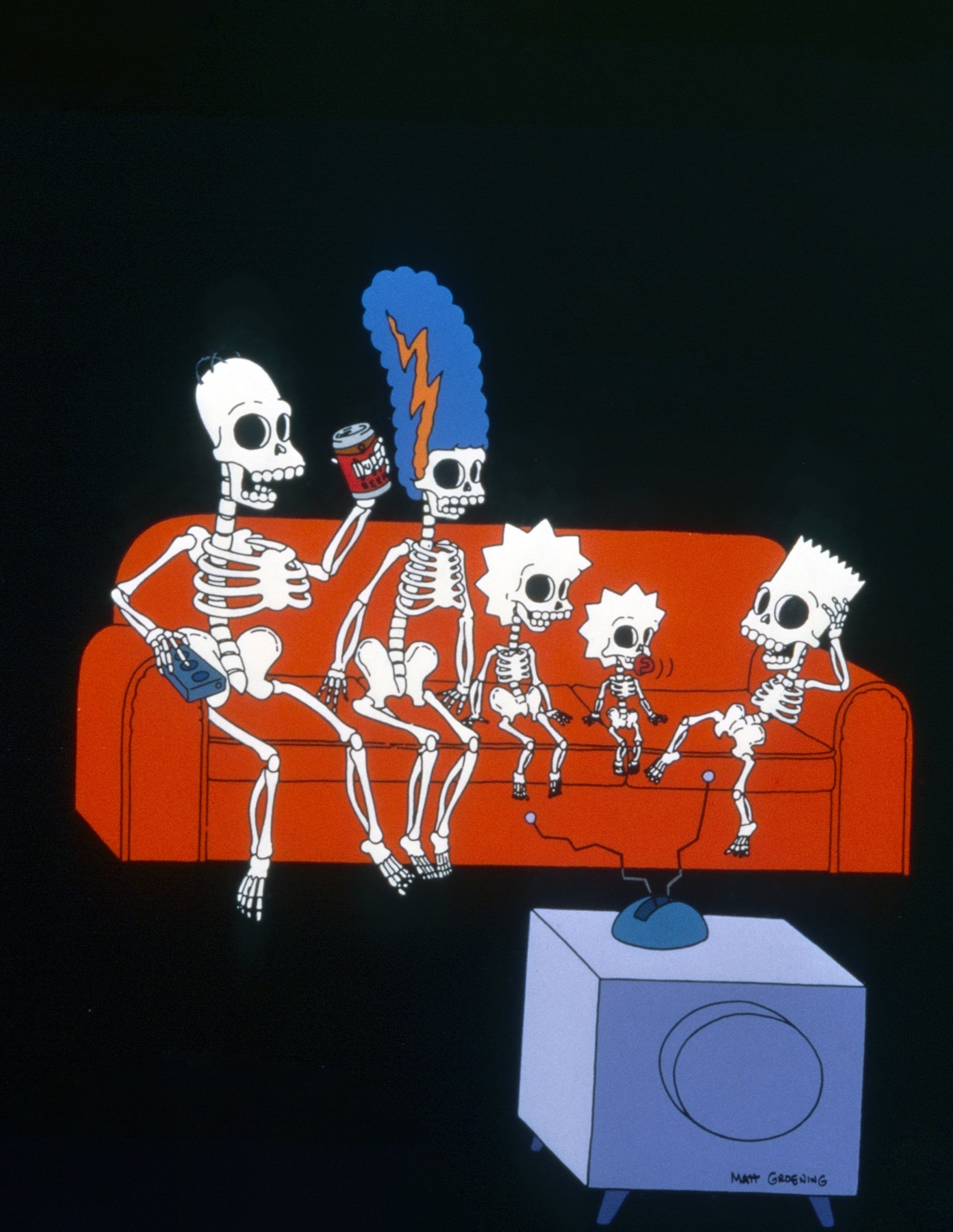The Simpsons as skeletons watching TV