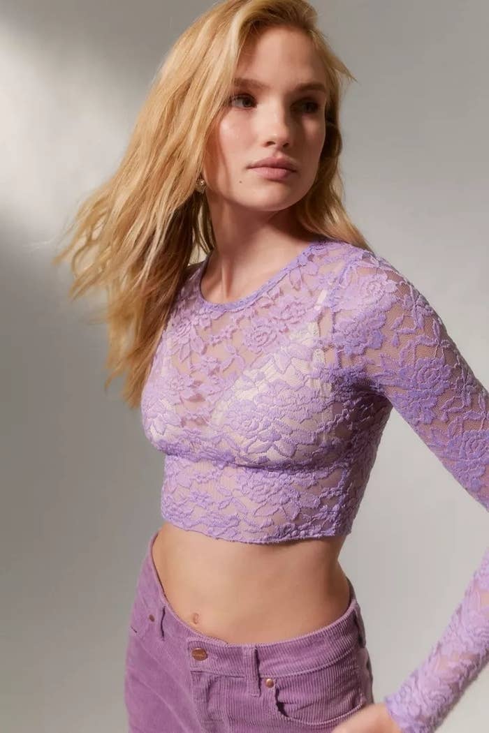 A model wearing the top in the color Lavender