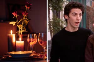 On the left, a table with lit candles, wine glasses, and a vase of roses on it, and on the right, Jess from Gilmore Girls
