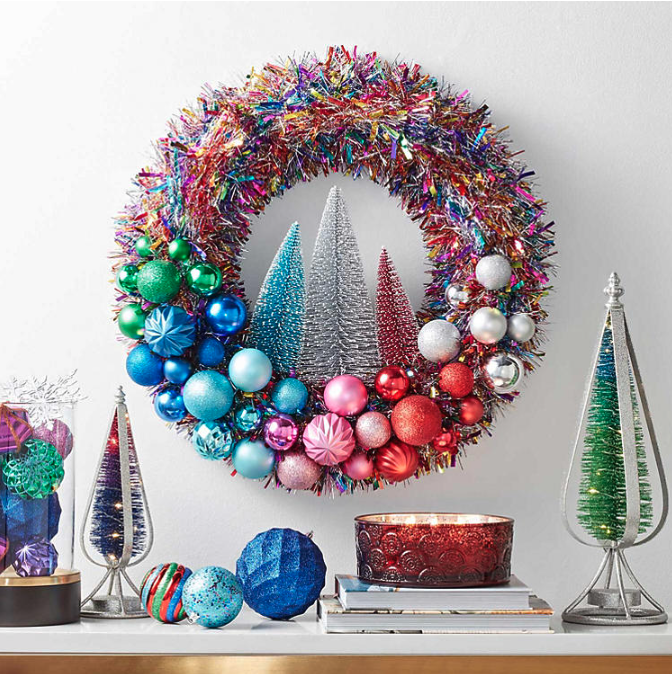 A tinsel and tree wreath