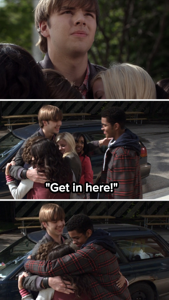 the group hugging in the parking lot after someone says, &quot;get in here&quot;