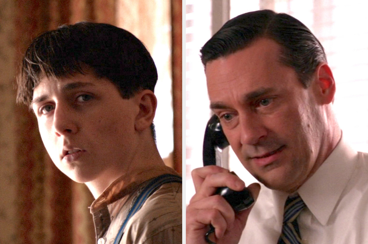 young Don with a bowl haircut and older Don on the phone with sleek gelled hair