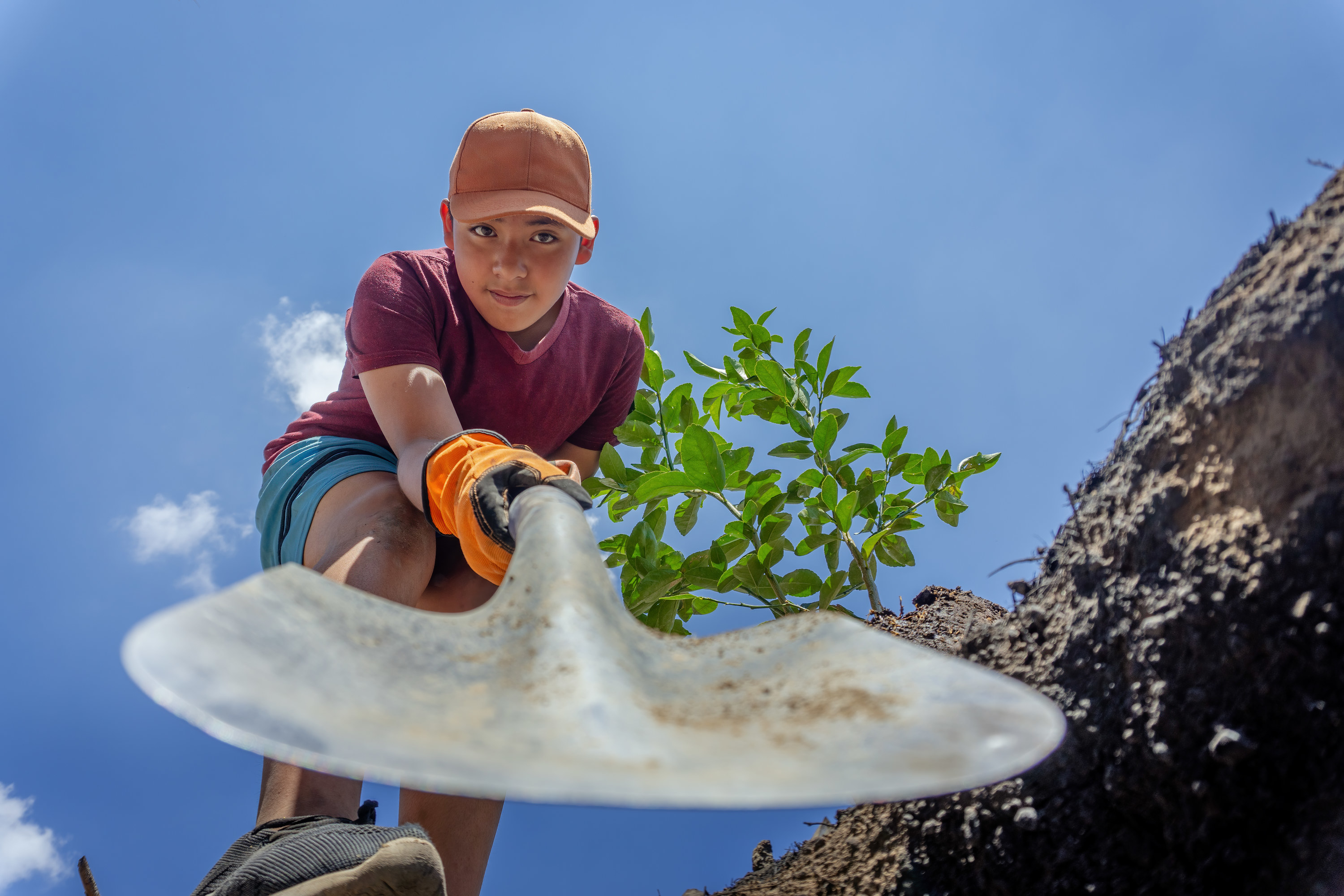 tween with shovel digging into the dirt from a bottom up perspective