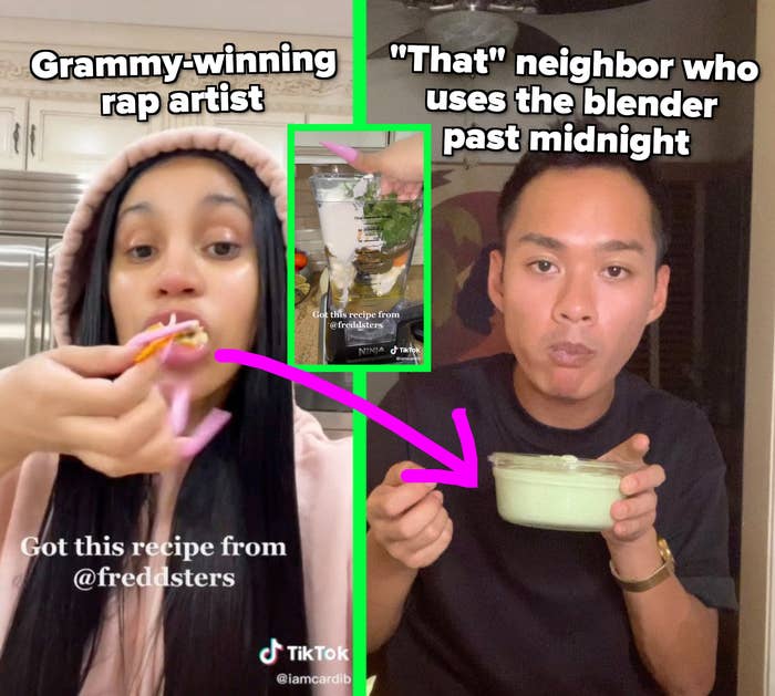(left) cardi b trying chip with dip (right) author with dip