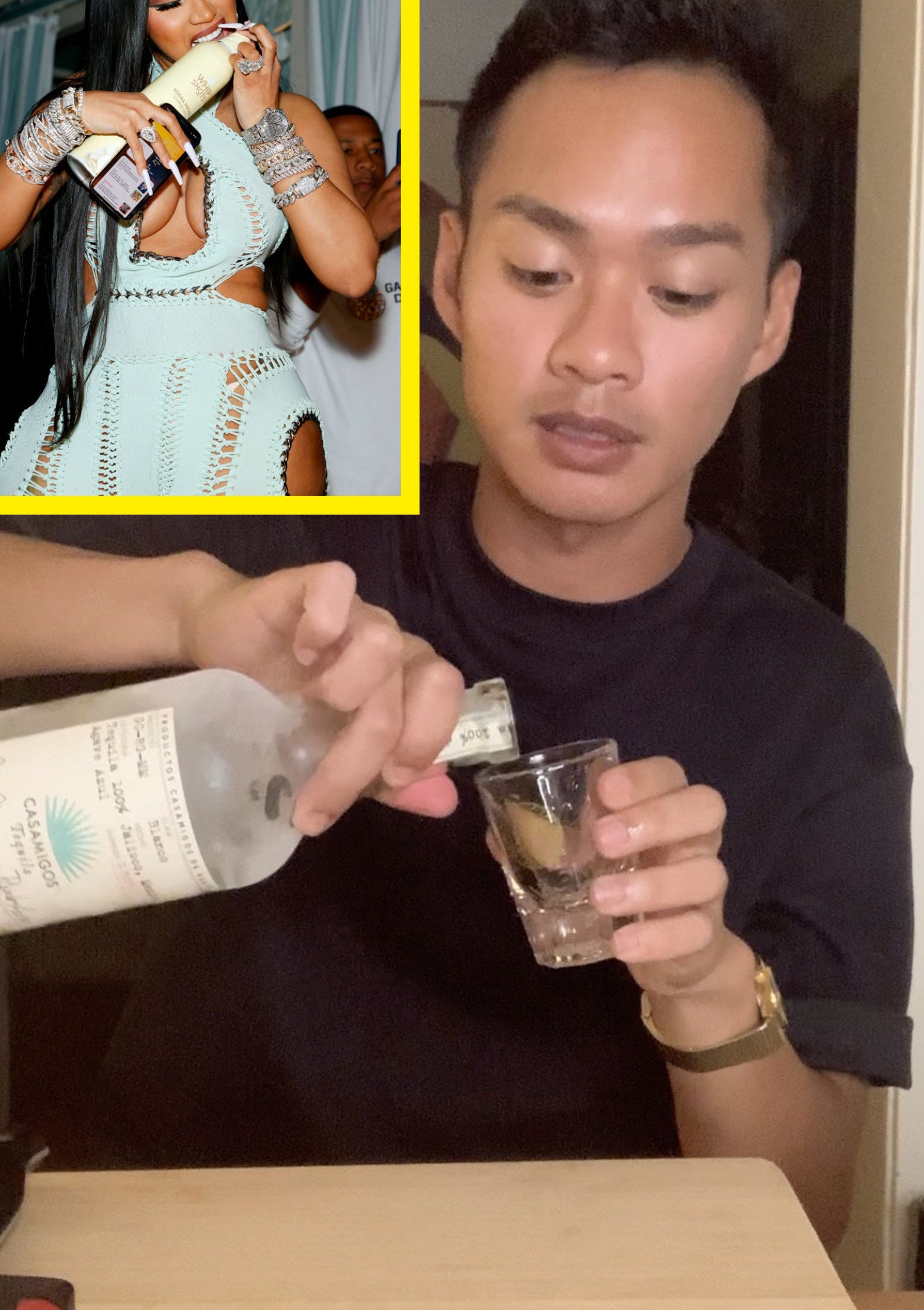(insert) cardi b biting liquor bottle (right) author pouring tequila