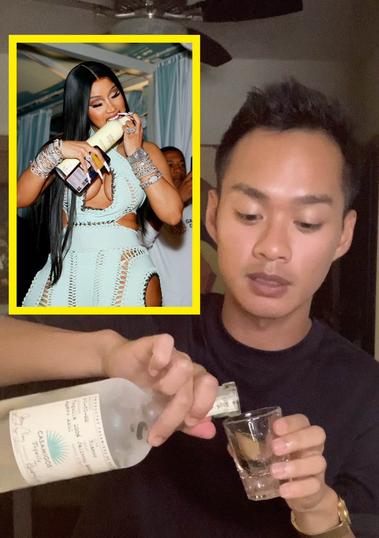 (insert) cardi b biting liquor bottle (right) author pouring tequila