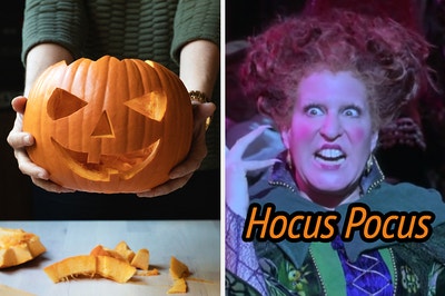 On the left, someone holding up a carved jack-o'-lantern, and on the right, Winnie Sanderson from Hocus Pocus