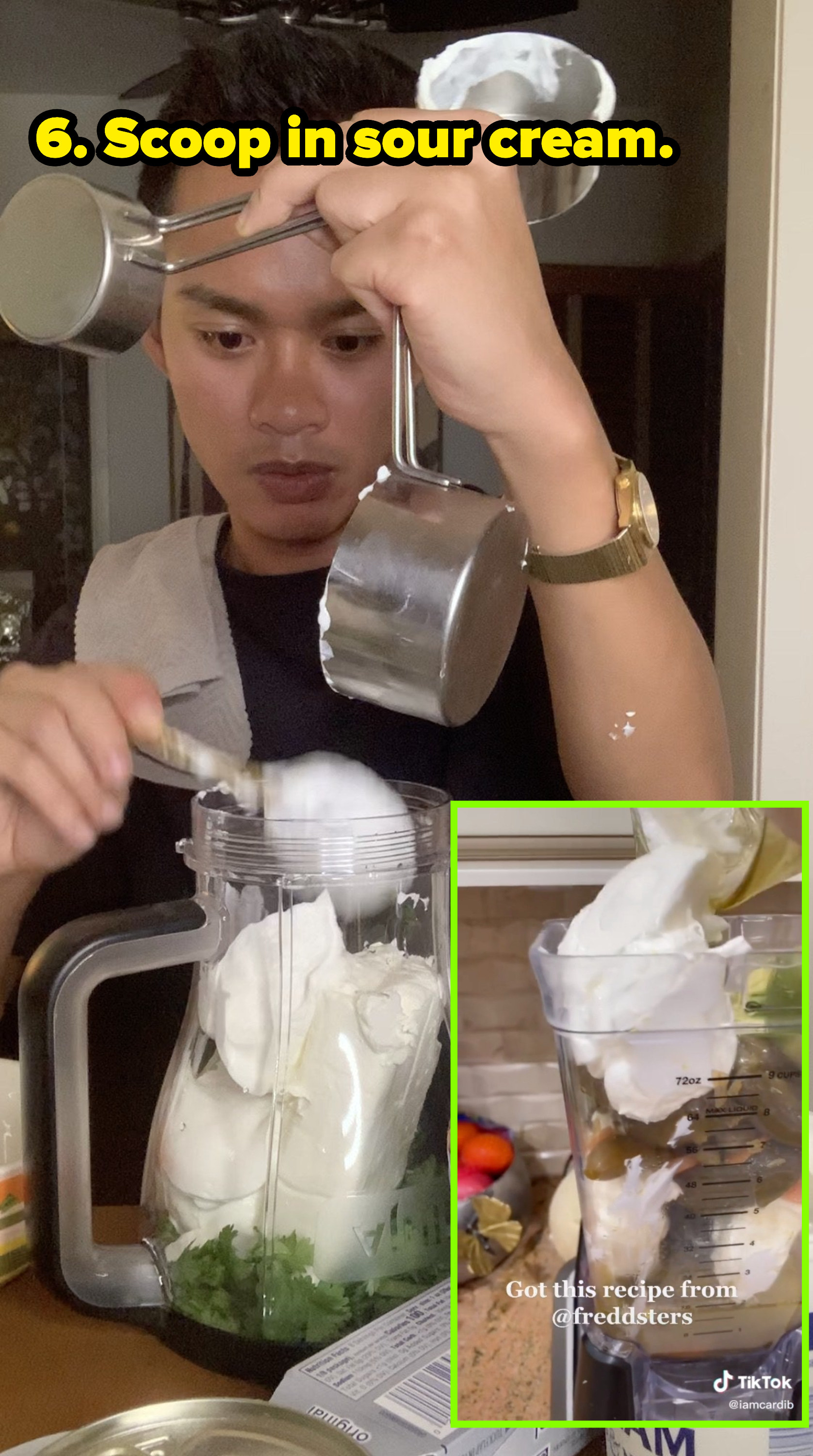 (insert) cardi b scooping in sour cream (right) author scooping sour cream into blender