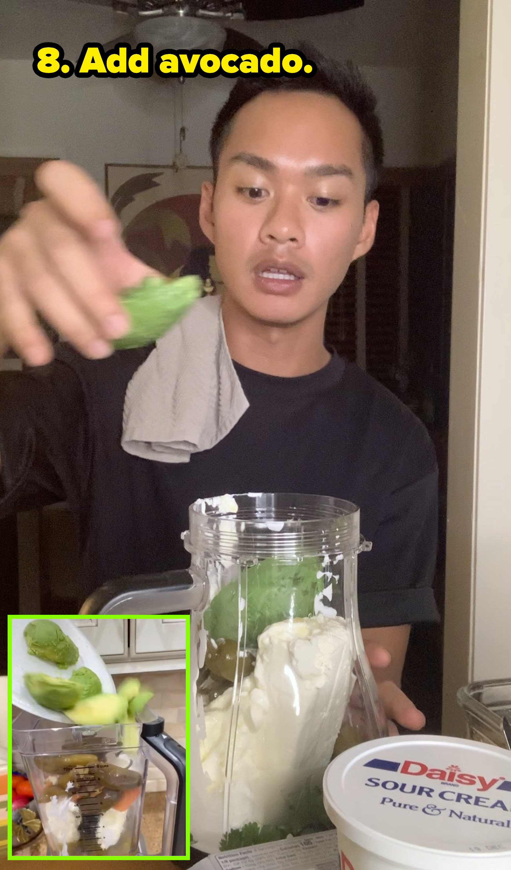 (insert) cardi b dropping avocado in (right) author dropping in avocado into blender