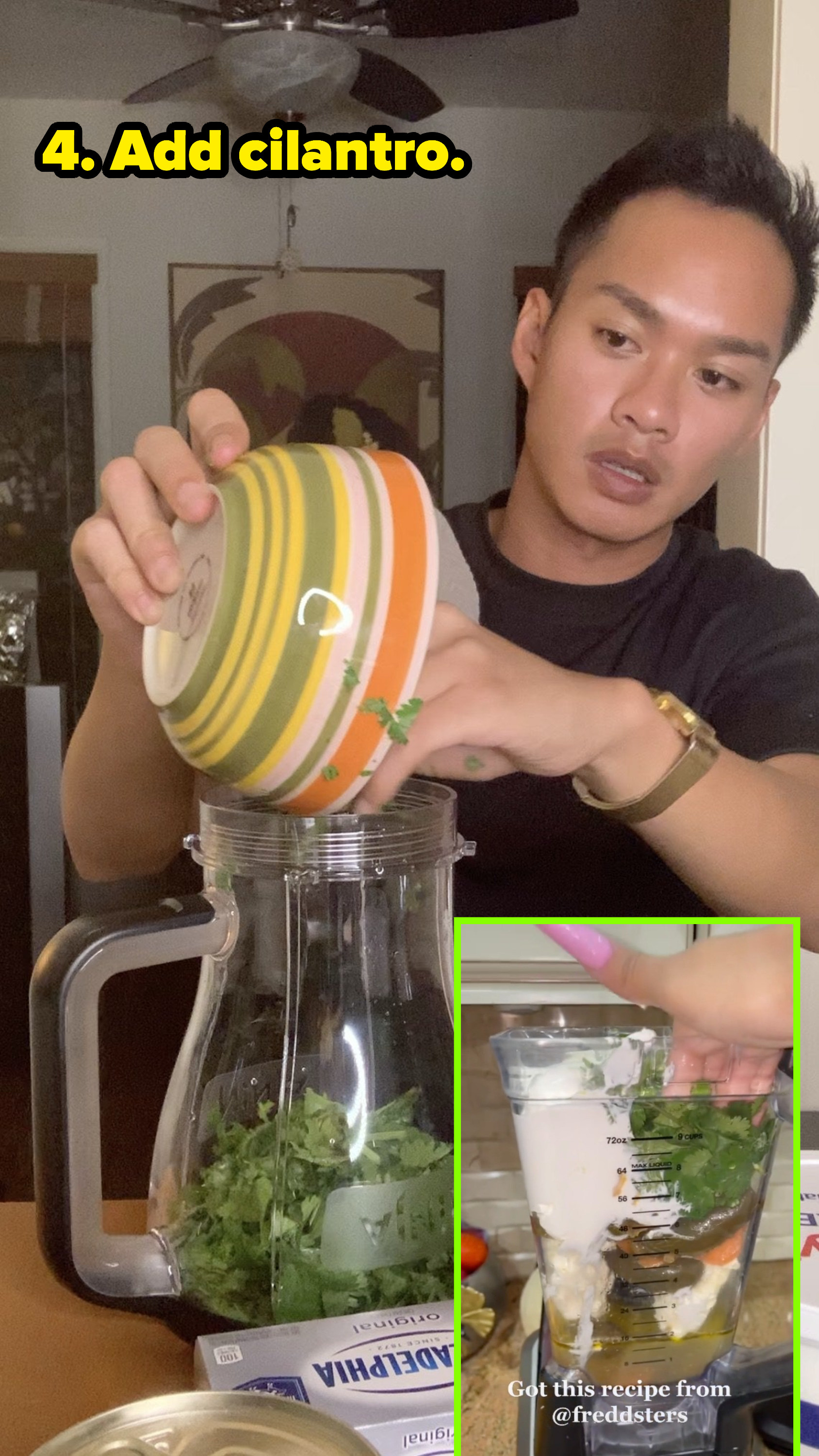 (insert) cardi b shoving in cilantro into blender (right) author scooping in cilantro into blender