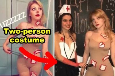 Someone dressed as a doctor and another dressed as the Operation game
