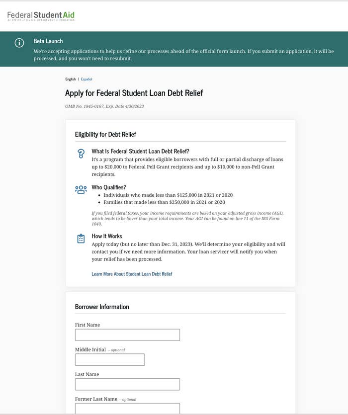 An &quot;Eligibility for Debt Relief&quot; online form explaining who qualifies and how it works and with fields including first and last names and middle initial 