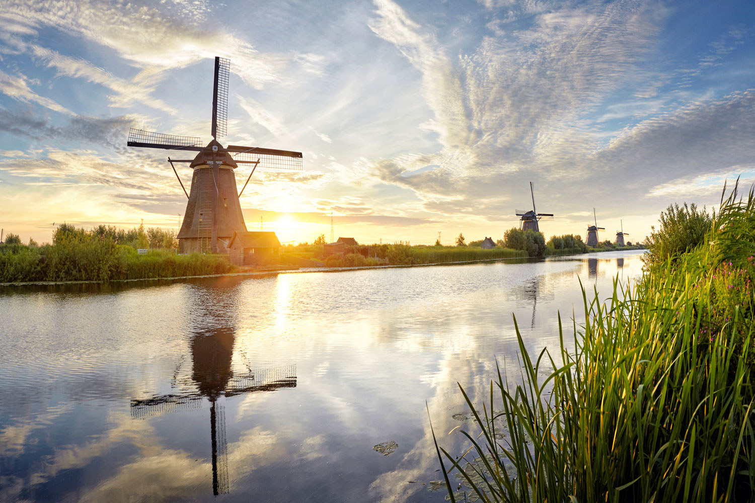 Windmills and river at sunrise panoramic in Kinderdijk, Netherlands