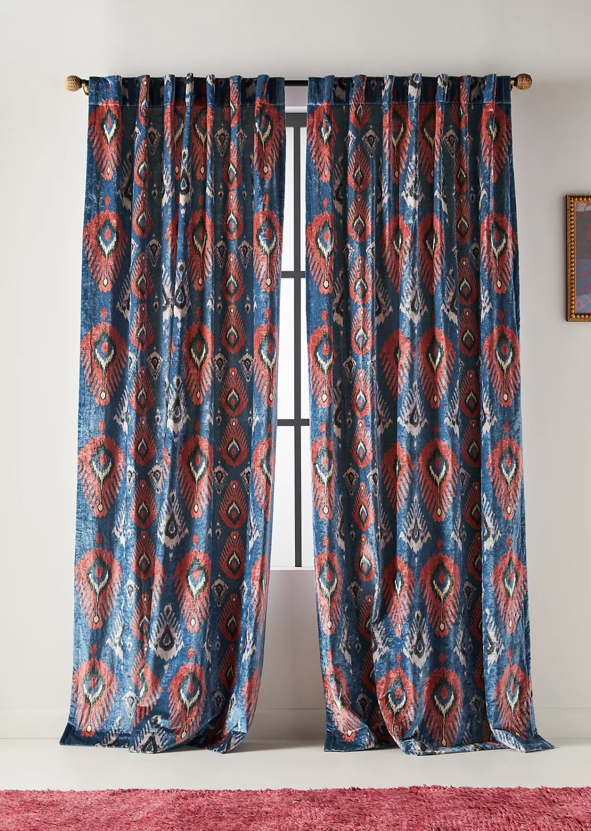 blue and red patterned velvet curtain