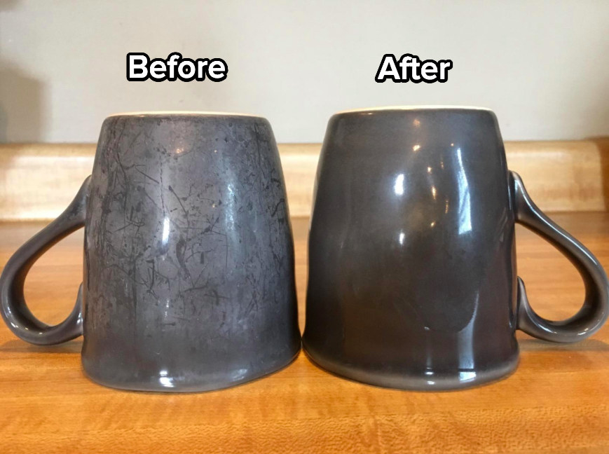 reviewer photo of stained mug next to a clean mug after using powder