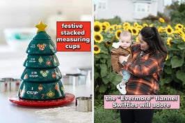 to the left: stacked measuring cups forming a tree, to the right: a buzzfeed editor in an orange and black flannel