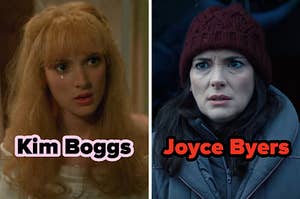 On the left, Kim from Edward Scissorhands, and on the right, Joyce from Stranger Things
