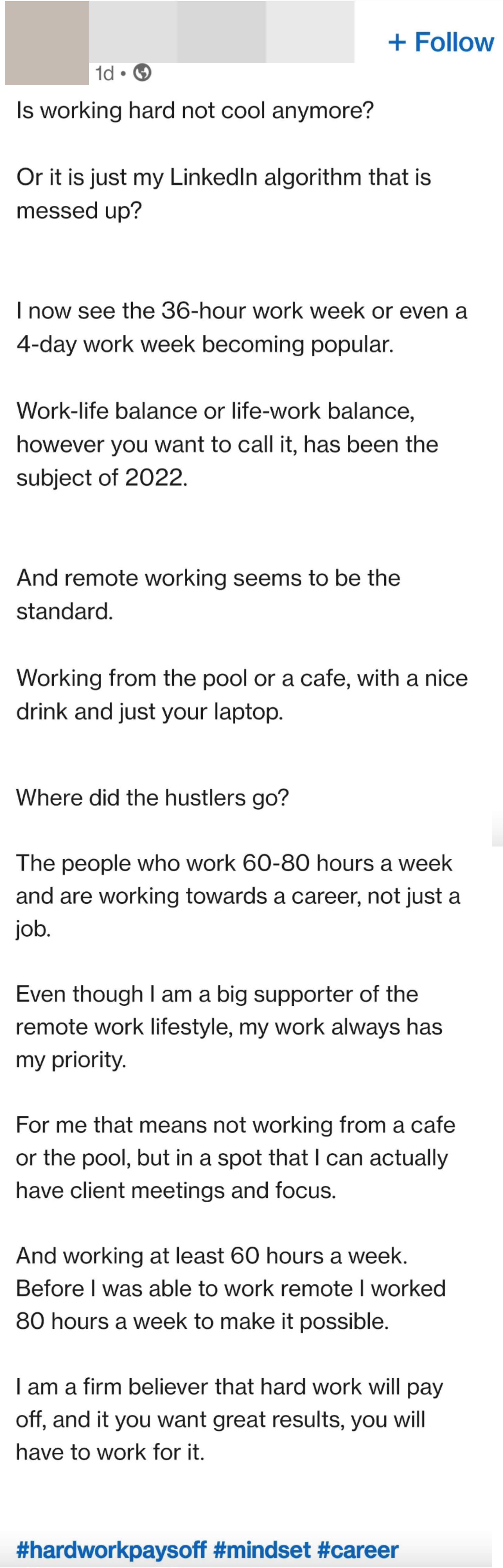 Screenshot of someone saying they work 60 to 80 hours a week
