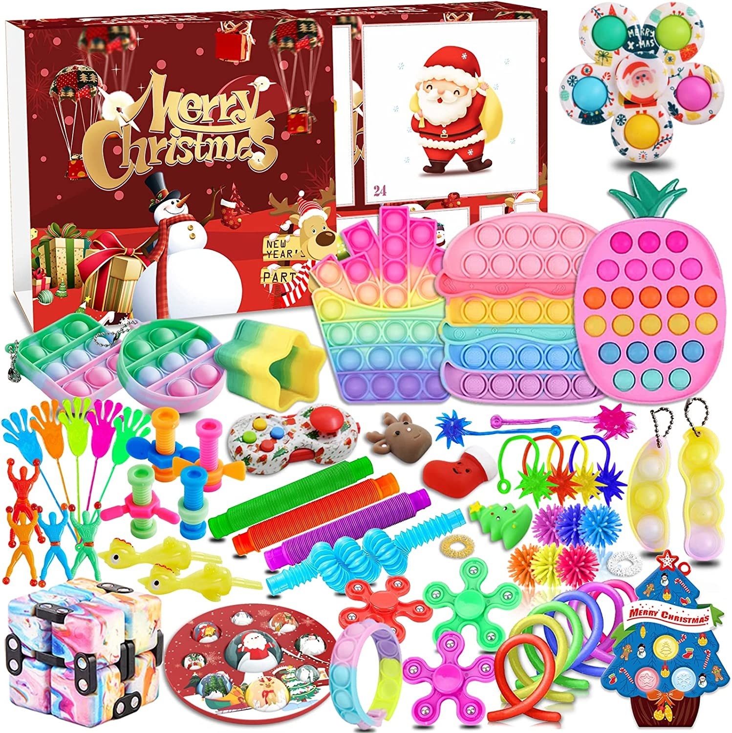 a bunch of fidget toys from inside an advent calendar