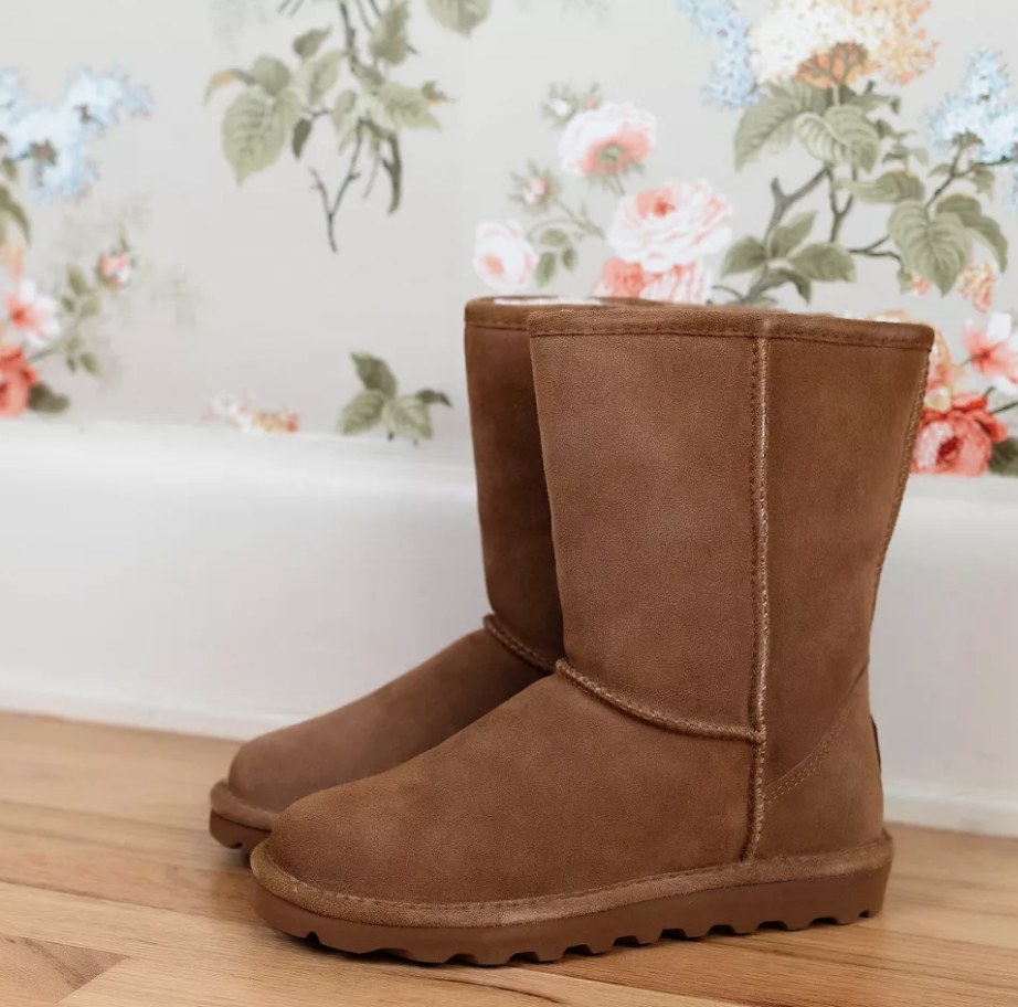 A pair of camel suede sheepskin booties
