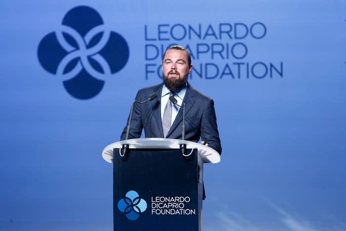Leonardo DiCaprio speaks on stage during the Leonardo DiCaprio Foundation 2nd Annual Saint-Tropez Gala