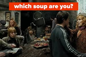 "which soup are you?" is written over people at Leaky Cauldron