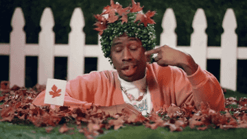 Tyler the Creator covered in leaves