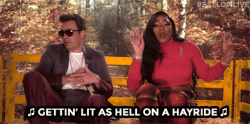Megan Thee Stallion sits in a hay ride with Jimmy Fallon as she raps, &quot;Gettin&#x27; lit as hell on a hayride. Spending all my cash on mad pies&quot;