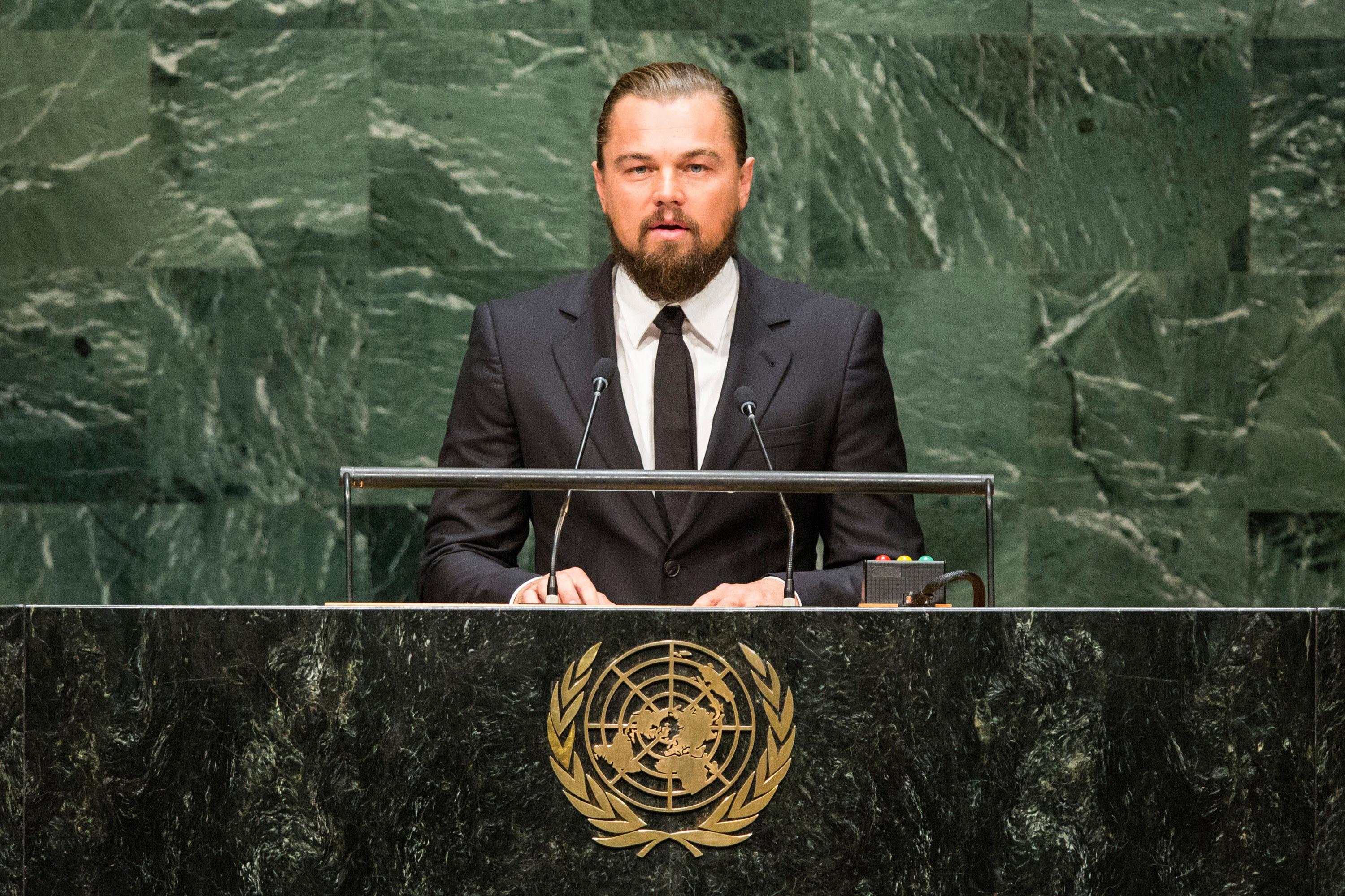 Actor Leonardo DiCaprio speaks at the United Nations Climate Summit on September 23, 2014 in New York City