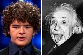 On the left, Gaten Matarazzo deep in though on Celebrity Family Feud, and on the right, Albert Einstein sticking his tongue out