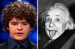 On the left, Gaten Matarazzo deep in though on Celebrity Family Feud, and on the right, Albert Einstein sticking his tongue out