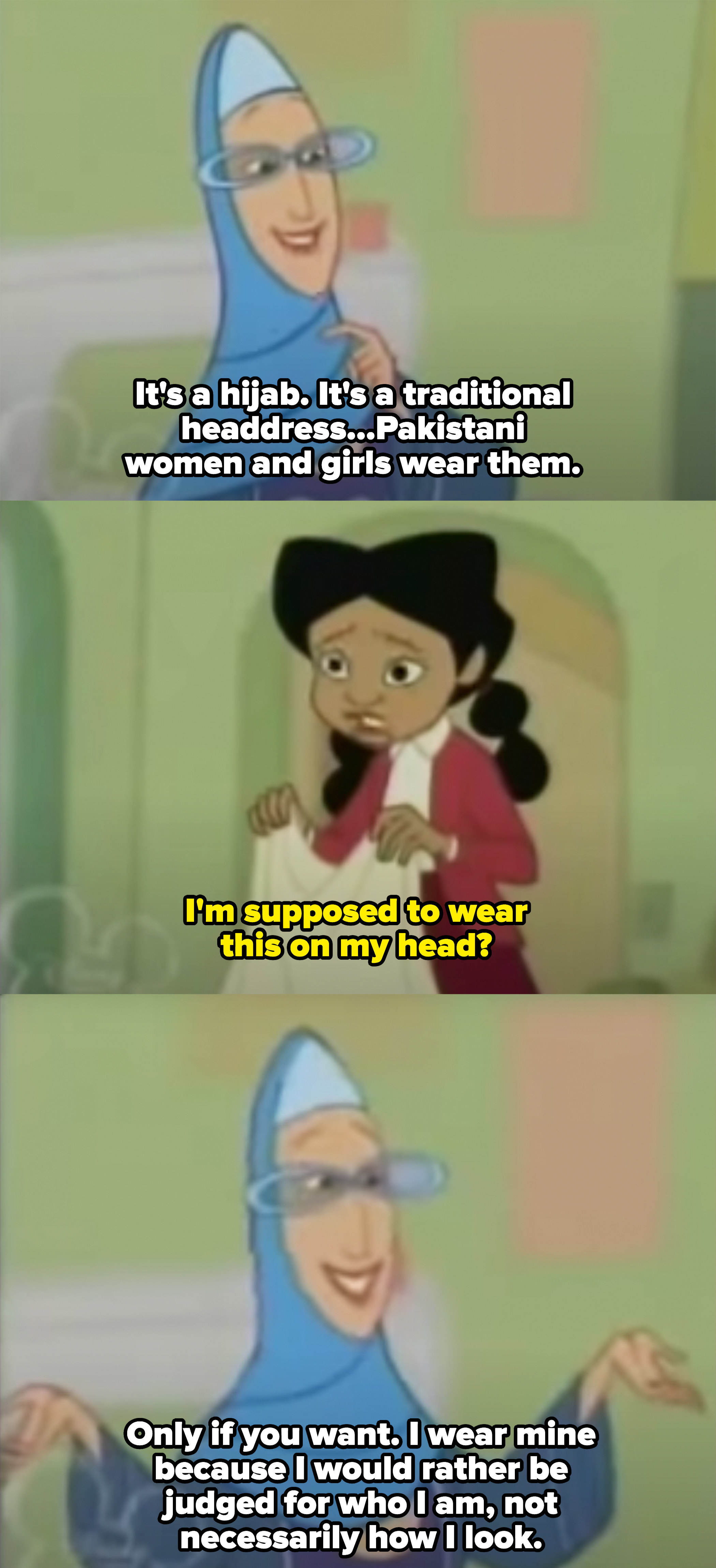 A Muslim woman teaching a character about a hijab