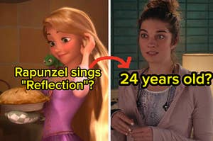 Rapunzel looks down at a freshly baked pie and Alexis Rose wears a light colored sweater