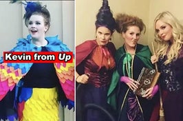 A side-by-side of someone a Kevin costume from "Up," with DIY'd colorful feathers, and three friends dressed as the Sanderson Sisters from "Hocus Pocus"